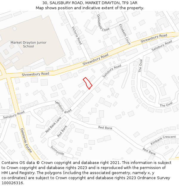 30, SALISBURY ROAD, MARKET DRAYTON, TF9 1AR: Location map and indicative extent of plot