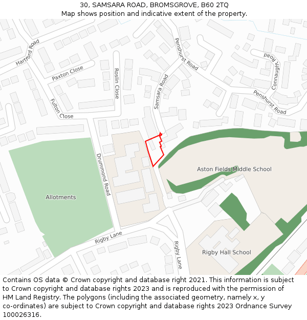 30, SAMSARA ROAD, BROMSGROVE, B60 2TQ: Location map and indicative extent of plot