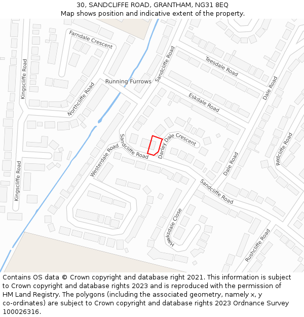 30, SANDCLIFFE ROAD, GRANTHAM, NG31 8EQ: Location map and indicative extent of plot