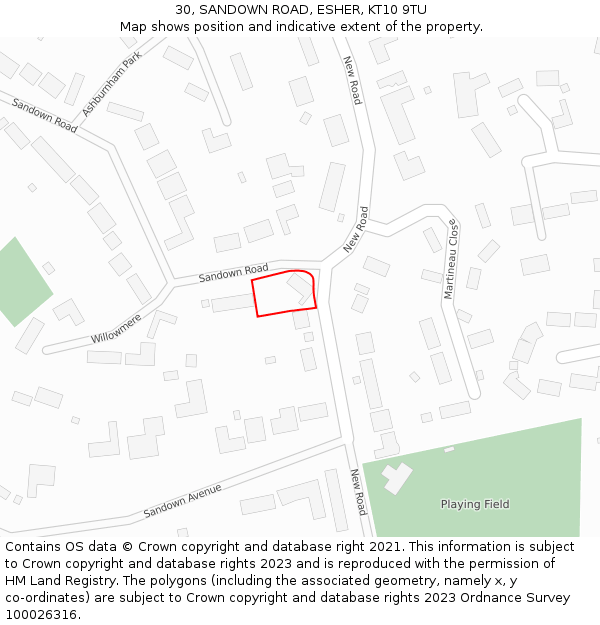 30, SANDOWN ROAD, ESHER, KT10 9TU: Location map and indicative extent of plot
