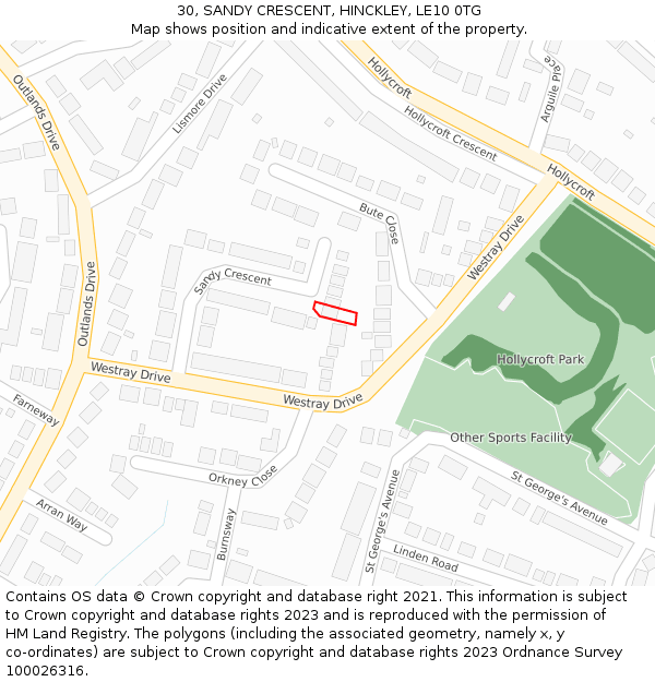 30, SANDY CRESCENT, HINCKLEY, LE10 0TG: Location map and indicative extent of plot