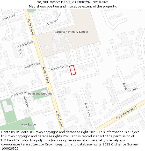 30, SELLWOOD DRIVE, CARTERTON, OX18 3AZ: Location map and indicative extent of plot