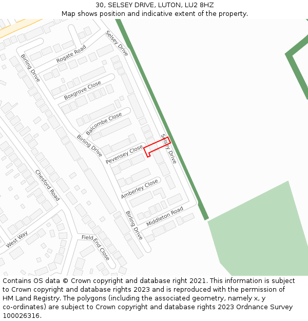 30, SELSEY DRIVE, LUTON, LU2 8HZ: Location map and indicative extent of plot