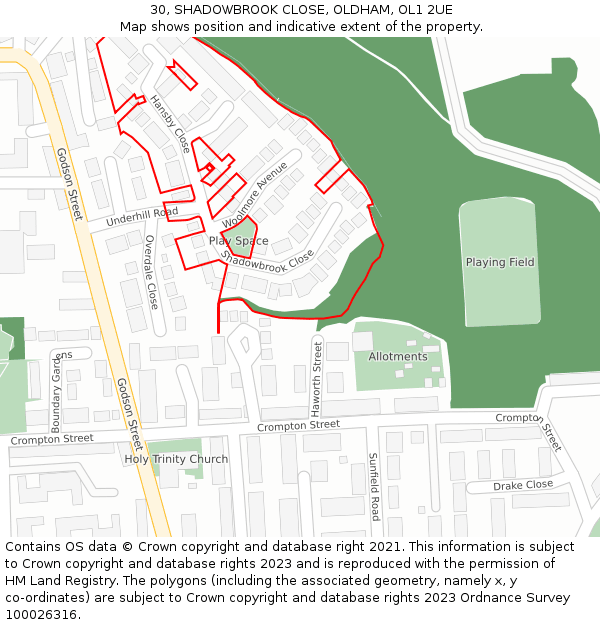 30, SHADOWBROOK CLOSE, OLDHAM, OL1 2UE: Location map and indicative extent of plot