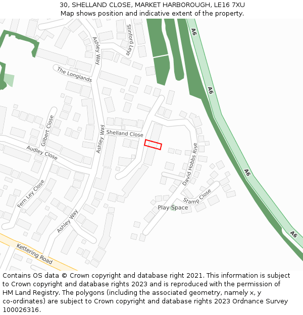 30, SHELLAND CLOSE, MARKET HARBOROUGH, LE16 7XU: Location map and indicative extent of plot
