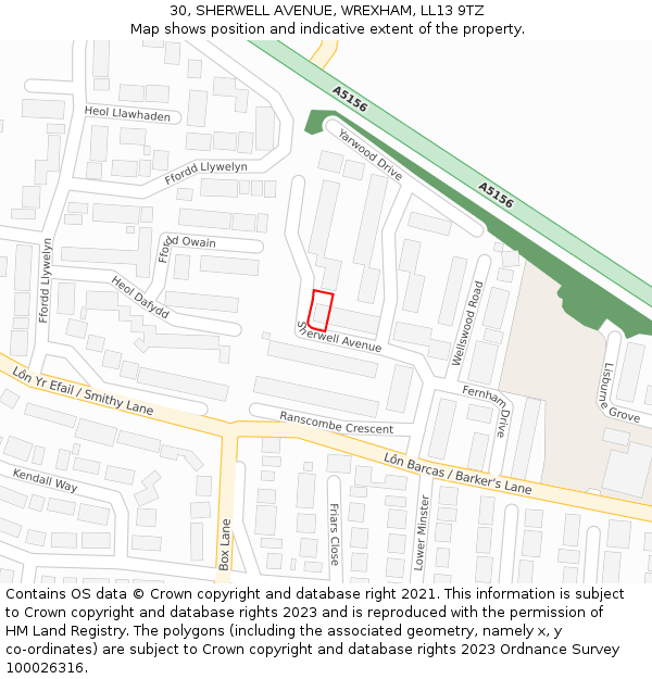 30, SHERWELL AVENUE, WREXHAM, LL13 9TZ: Location map and indicative extent of plot