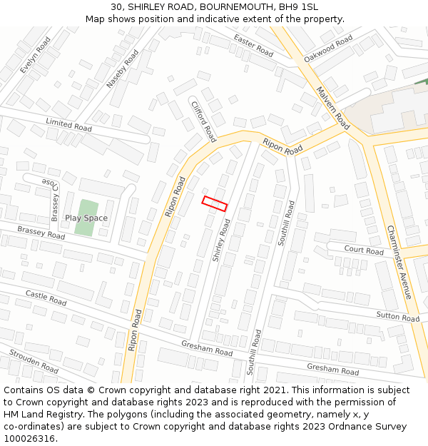 30, SHIRLEY ROAD, BOURNEMOUTH, BH9 1SL: Location map and indicative extent of plot