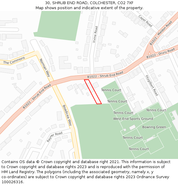 30, SHRUB END ROAD, COLCHESTER, CO2 7XF: Location map and indicative extent of plot