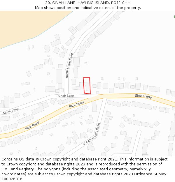 30, SINAH LANE, HAYLING ISLAND, PO11 0HH: Location map and indicative extent of plot