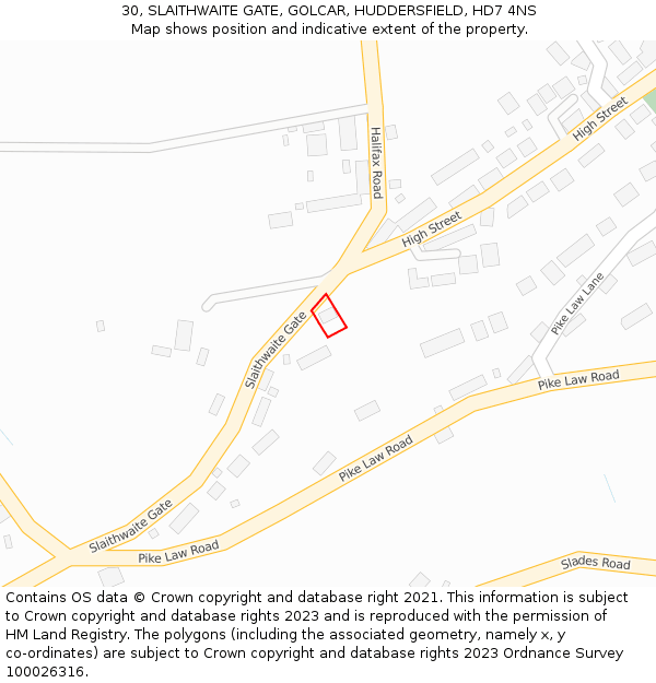 30, SLAITHWAITE GATE, GOLCAR, HUDDERSFIELD, HD7 4NS: Location map and indicative extent of plot