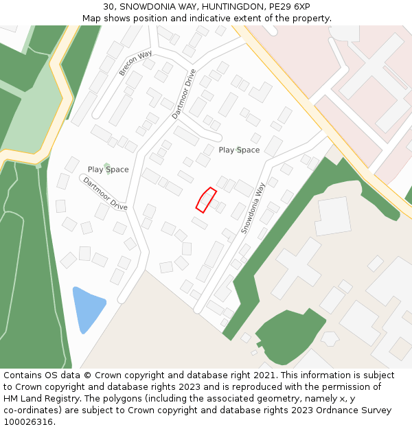 30, SNOWDONIA WAY, HUNTINGDON, PE29 6XP: Location map and indicative extent of plot