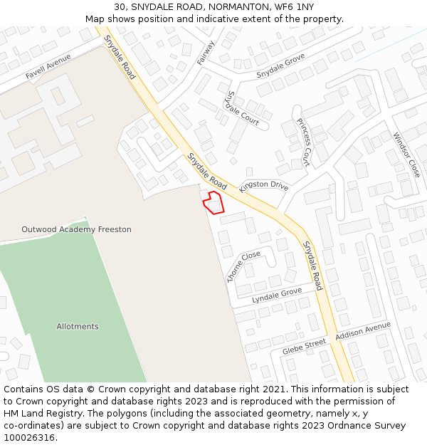 30, SNYDALE ROAD, NORMANTON, WF6 1NY: Location map and indicative extent of plot