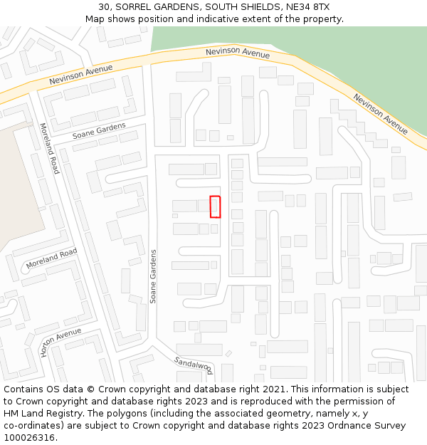30, SORREL GARDENS, SOUTH SHIELDS, NE34 8TX: Location map and indicative extent of plot