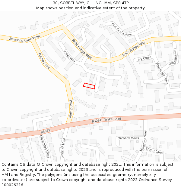 30, SORREL WAY, GILLINGHAM, SP8 4TP: Location map and indicative extent of plot