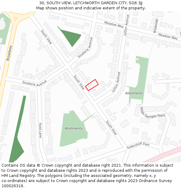 30, SOUTH VIEW, LETCHWORTH GARDEN CITY, SG6 3JJ: Location map and indicative extent of plot