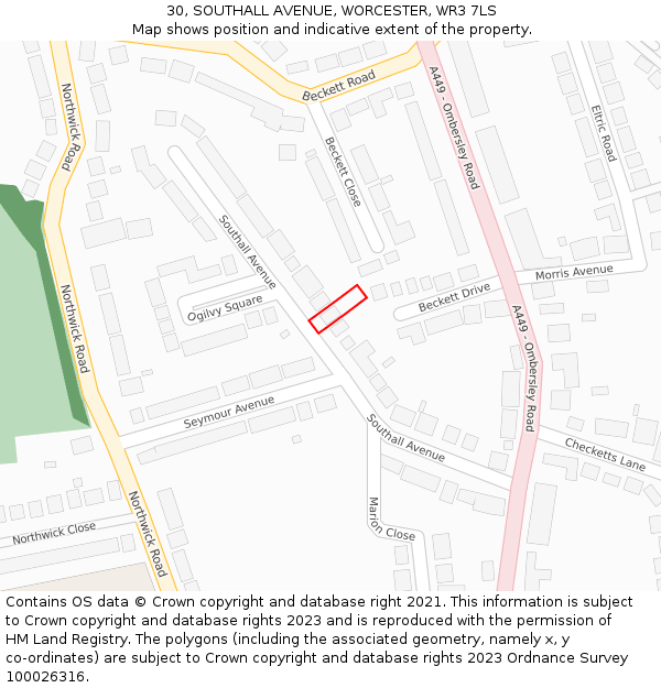 30, SOUTHALL AVENUE, WORCESTER, WR3 7LS: Location map and indicative extent of plot