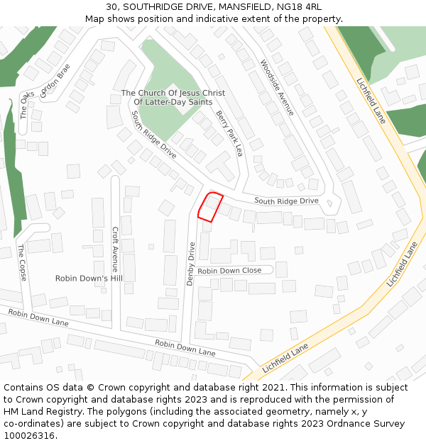 30, SOUTHRIDGE DRIVE, MANSFIELD, NG18 4RL: Location map and indicative extent of plot