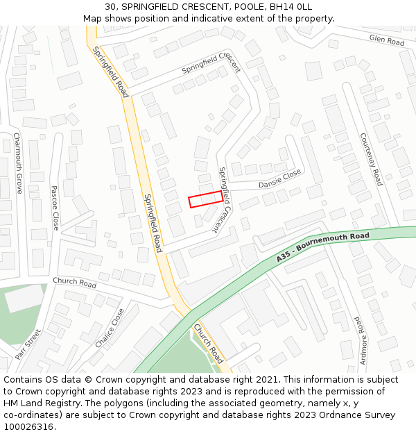 30, SPRINGFIELD CRESCENT, POOLE, BH14 0LL: Location map and indicative extent of plot