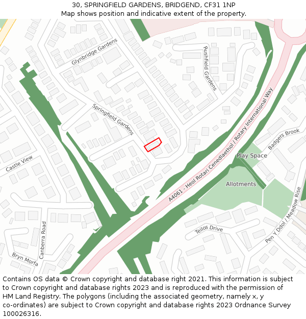 30, SPRINGFIELD GARDENS, BRIDGEND, CF31 1NP: Location map and indicative extent of plot