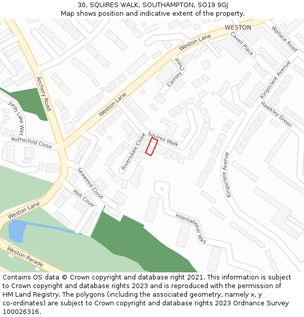 30, SQUIRES WALK, SOUTHAMPTON, SO19 9GJ: Location map and indicative extent of plot