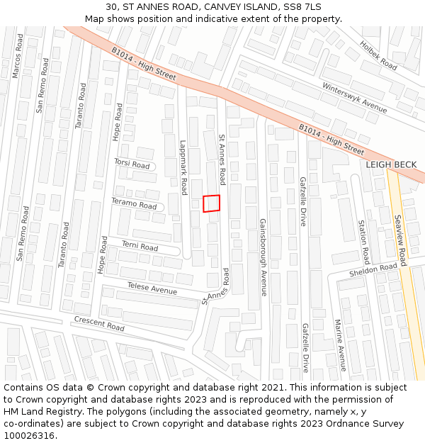 30, ST ANNES ROAD, CANVEY ISLAND, SS8 7LS: Location map and indicative extent of plot