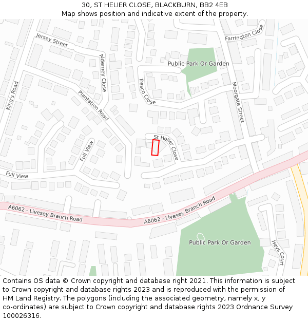 30, ST HELIER CLOSE, BLACKBURN, BB2 4EB: Location map and indicative extent of plot