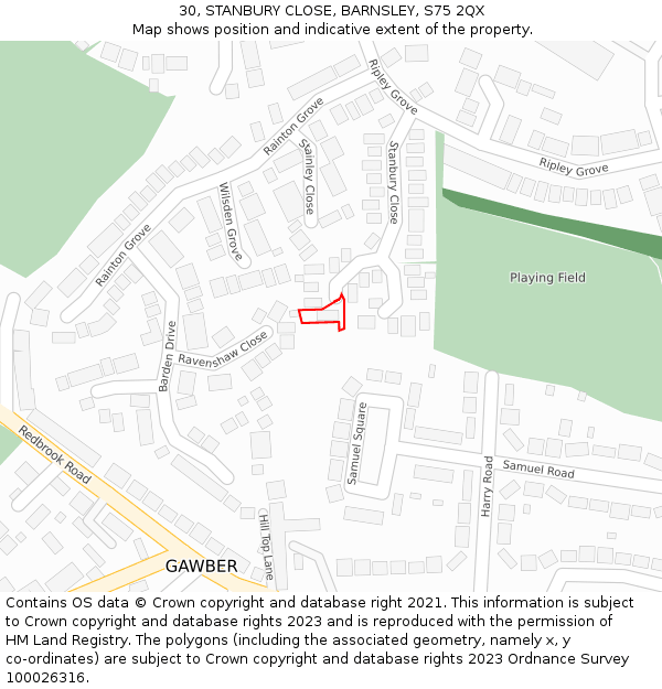 30, STANBURY CLOSE, BARNSLEY, S75 2QX: Location map and indicative extent of plot