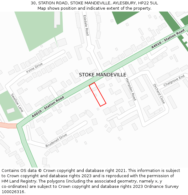 30, STATION ROAD, STOKE MANDEVILLE, AYLESBURY, HP22 5UL: Location map and indicative extent of plot