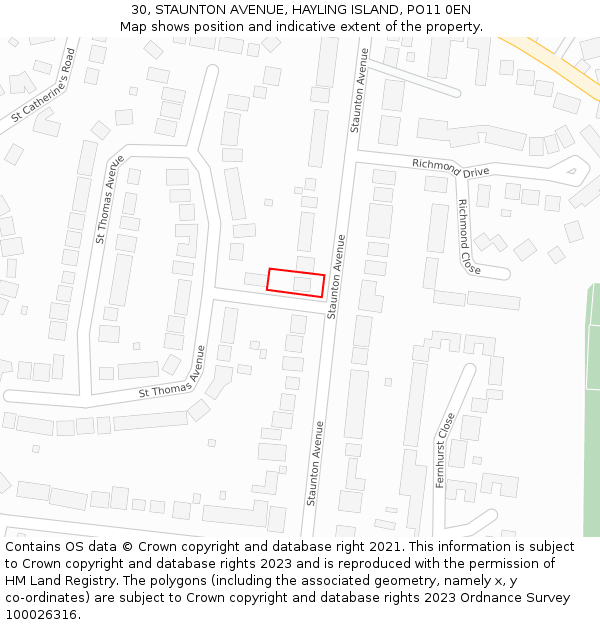 30, STAUNTON AVENUE, HAYLING ISLAND, PO11 0EN: Location map and indicative extent of plot