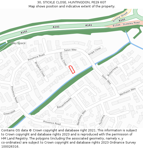 30, STICKLE CLOSE, HUNTINGDON, PE29 6GT: Location map and indicative extent of plot