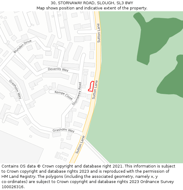 30, STORNAWAY ROAD, SLOUGH, SL3 8WY: Location map and indicative extent of plot