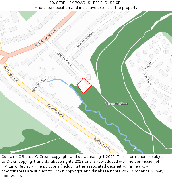 30, STRELLEY ROAD, SHEFFIELD, S8 0BH: Location map and indicative extent of plot