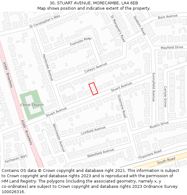 30, STUART AVENUE, MORECAMBE, LA4 6EB: Location map and indicative extent of plot
