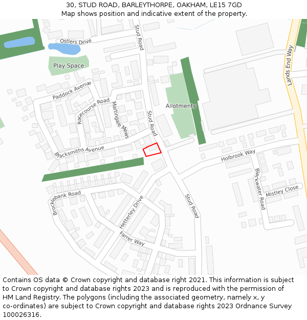 30, STUD ROAD, BARLEYTHORPE, OAKHAM, LE15 7GD: Location map and indicative extent of plot