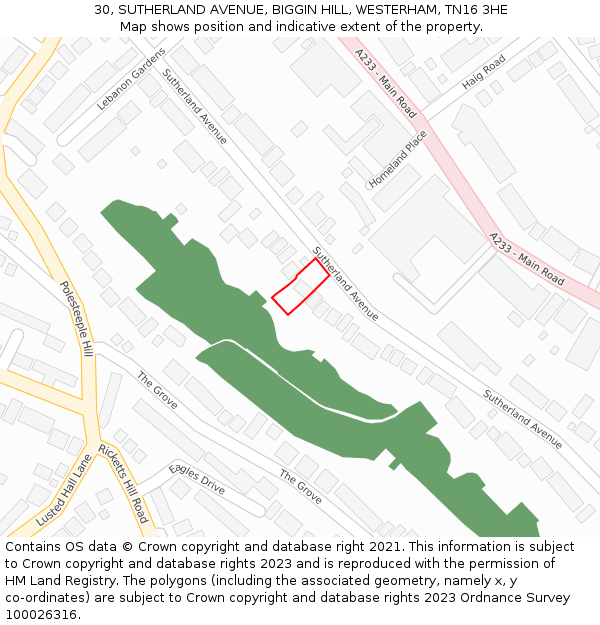 30, SUTHERLAND AVENUE, BIGGIN HILL, WESTERHAM, TN16 3HE: Location map and indicative extent of plot