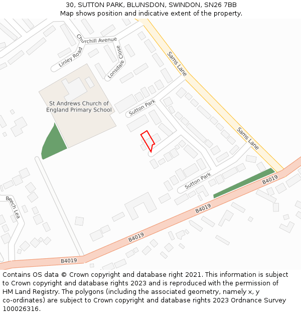 30, SUTTON PARK, BLUNSDON, SWINDON, SN26 7BB: Location map and indicative extent of plot