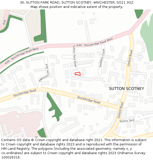 30, SUTTON PARK ROAD, SUTTON SCOTNEY, WINCHESTER, SO21 3GZ: Location map and indicative extent of plot