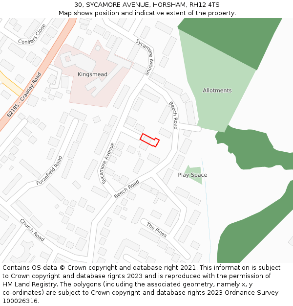 30, SYCAMORE AVENUE, HORSHAM, RH12 4TS: Location map and indicative extent of plot