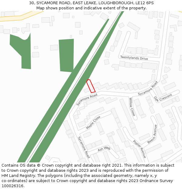 30, SYCAMORE ROAD, EAST LEAKE, LOUGHBOROUGH, LE12 6PS: Location map and indicative extent of plot