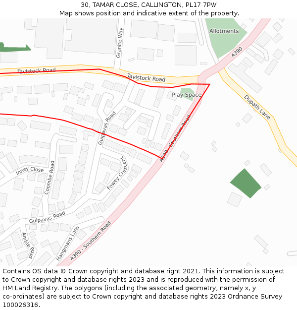 30, TAMAR CLOSE, CALLINGTON, PL17 7PW: Location map and indicative extent of plot