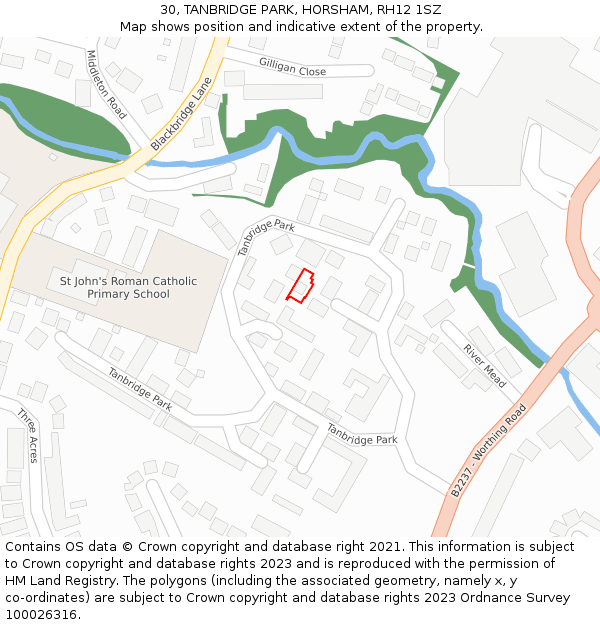 30, TANBRIDGE PARK, HORSHAM, RH12 1SZ: Location map and indicative extent of plot