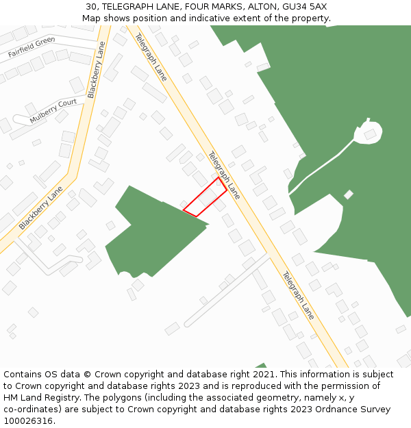 30, TELEGRAPH LANE, FOUR MARKS, ALTON, GU34 5AX: Location map and indicative extent of plot