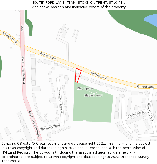 30, TENFORD LANE, TEAN, STOKE-ON-TRENT, ST10 4EN: Location map and indicative extent of plot