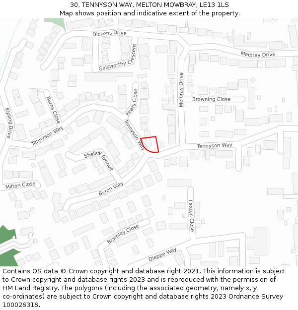 30, TENNYSON WAY, MELTON MOWBRAY, LE13 1LS: Location map and indicative extent of plot