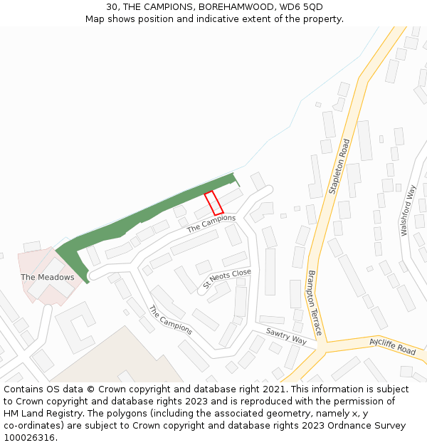 30, THE CAMPIONS, BOREHAMWOOD, WD6 5QD: Location map and indicative extent of plot