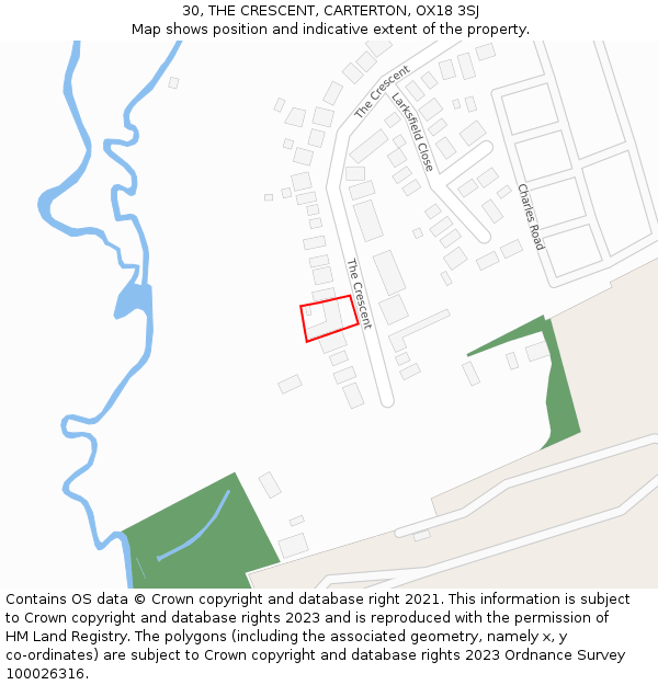 30, THE CRESCENT, CARTERTON, OX18 3SJ: Location map and indicative extent of plot