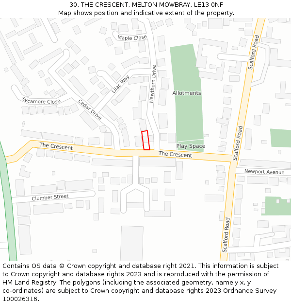 30, THE CRESCENT, MELTON MOWBRAY, LE13 0NF: Location map and indicative extent of plot