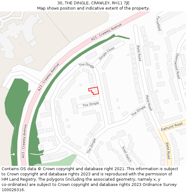 30, THE DINGLE, CRAWLEY, RH11 7JE: Location map and indicative extent of plot