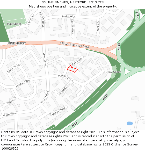 30, THE FINCHES, HERTFORD, SG13 7TB: Location map and indicative extent of plot