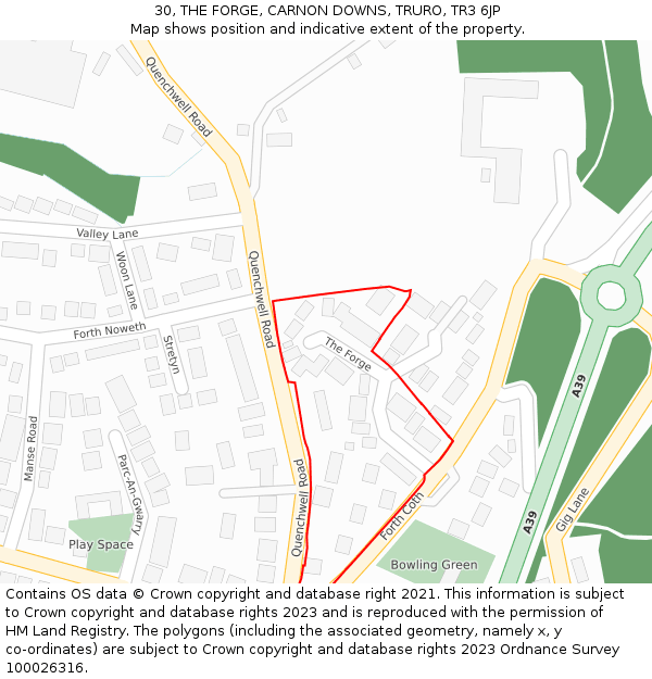 30, THE FORGE, CARNON DOWNS, TRURO, TR3 6JP: Location map and indicative extent of plot